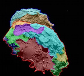 نقشه‌ای رنگی از نواحی مختلف دنباله‌دار تحت تعقیب روزتا